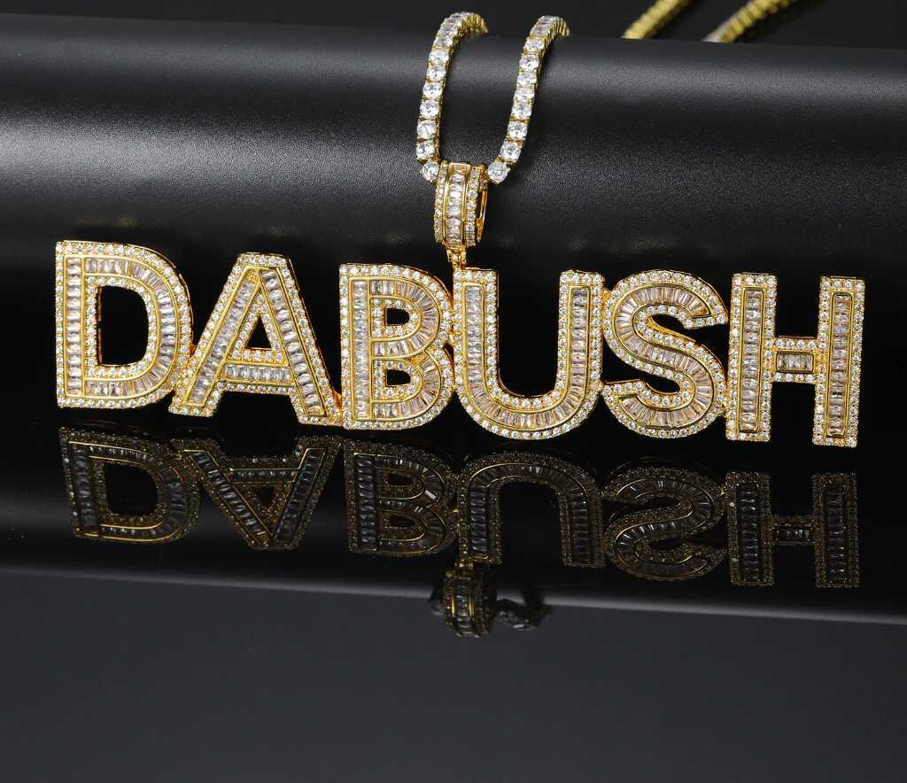 Customized Name Cubic Zircon Baguette Letters Hip Hop Pendant Necklaces Gold Silver Men's Jewelry with Tennis Chain for Gifts Customized