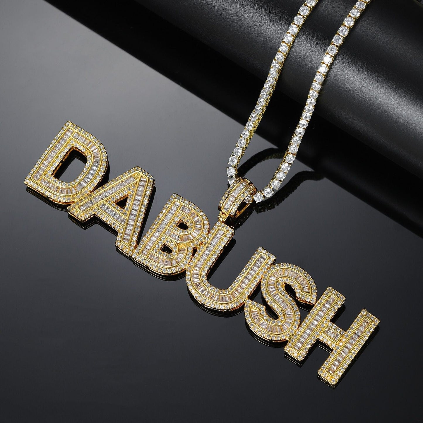 Customized Name Cubic Zircon Baguette Letters Hip Hop Pendant Necklaces Gold Silver Men's Jewelry with Tennis Chain for Gifts Customized