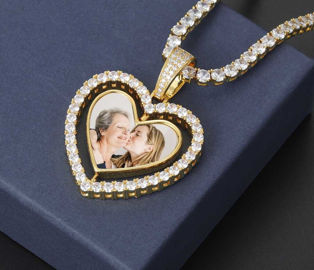Customized Photo Double Sided Heart Pendant Necklace With Tennis Chain Cubic Zircon Men Women Hip-hop Copper Jewelry Customized Necklaces