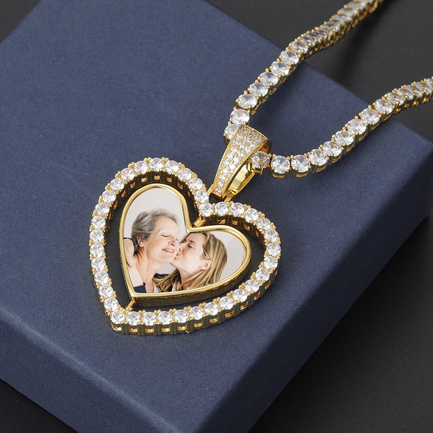 Customized Photo Double Sided Heart Pendant Necklace With Tennis Chain Cubic Zircon Men Women Hip-hop Copper Jewelry Customized Necklaces