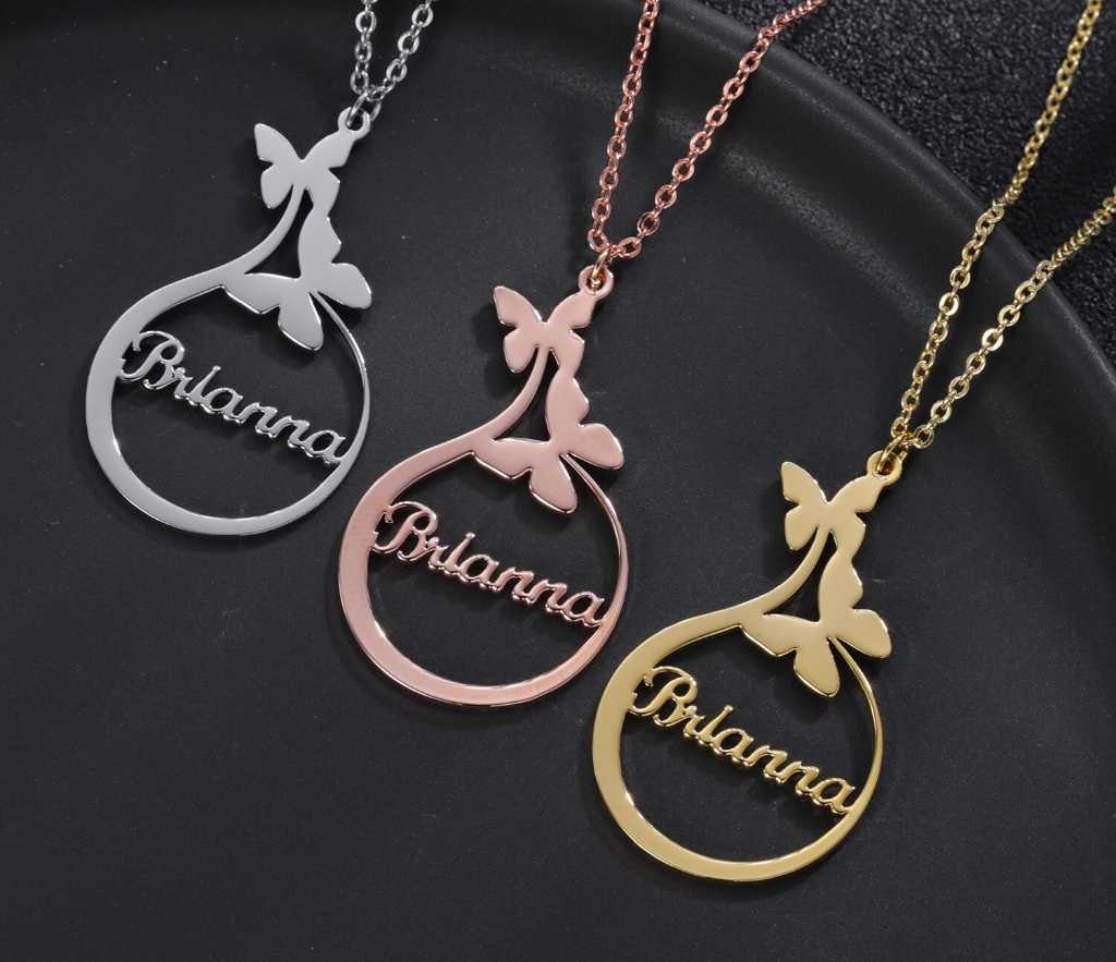 Personalized Butterfly Name Necklace Custom Gold Name Necklace Stainless Steel Nameplate Necklaces Round Jewelry Gifts Women Customized