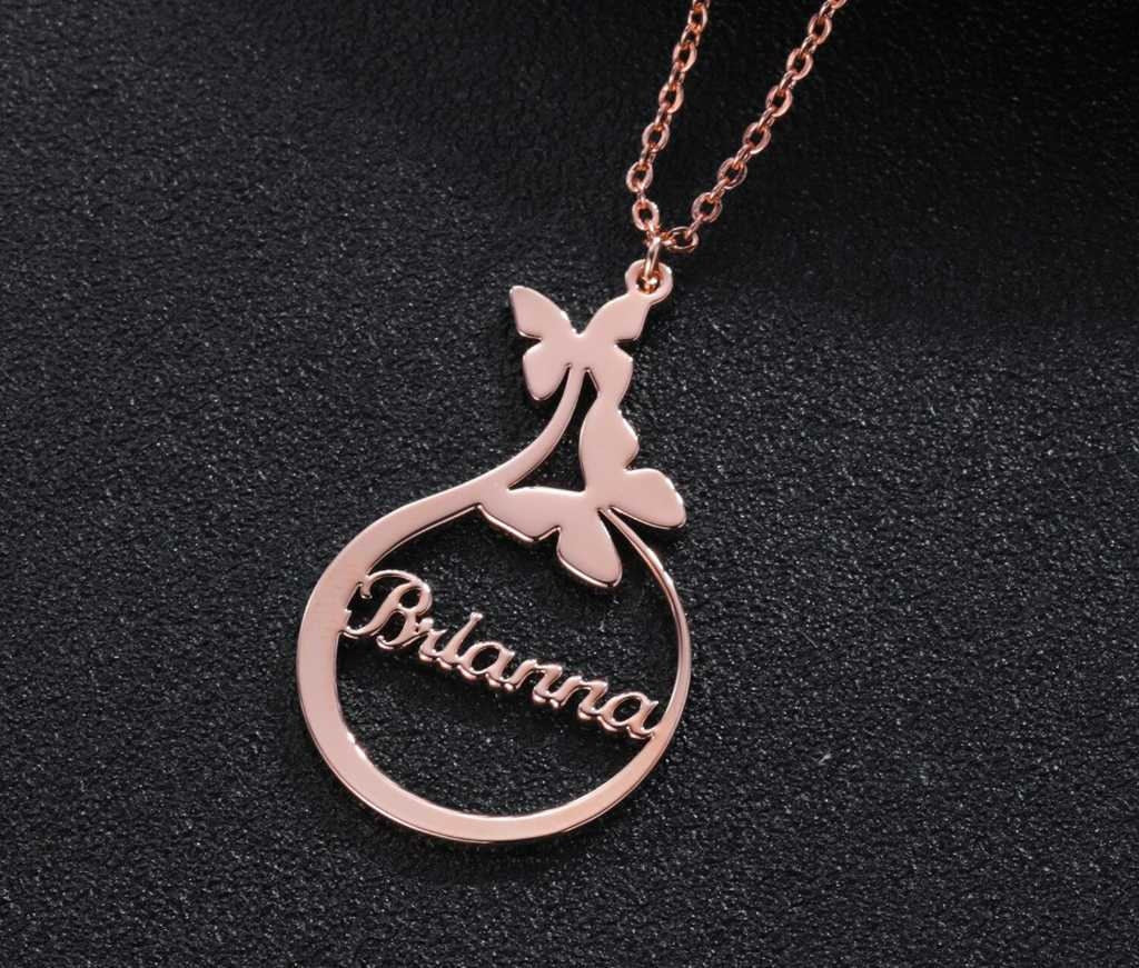 Personalized Butterfly Name Necklace Custom Gold Name Necklace Stainless Steel Nameplate Necklaces Round Jewelry Gifts Women Customized