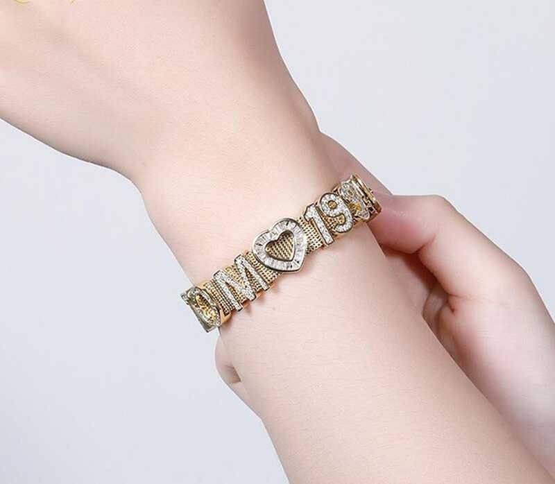 Personalized Name Letter Iced Out Jewelry Silver Stainless Steel Mesh Bracelet Bangles with DIY Slide Charms Bracelets Woman Gift Customized
