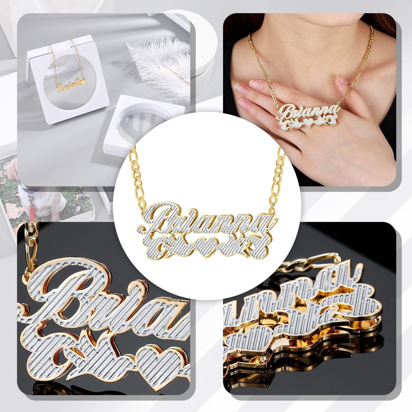 Customized Double Plate Two Tone Heart Two Birds Personalized Custom Gold Plated Name Necklace Charm Jewelry Customized Necklaces
