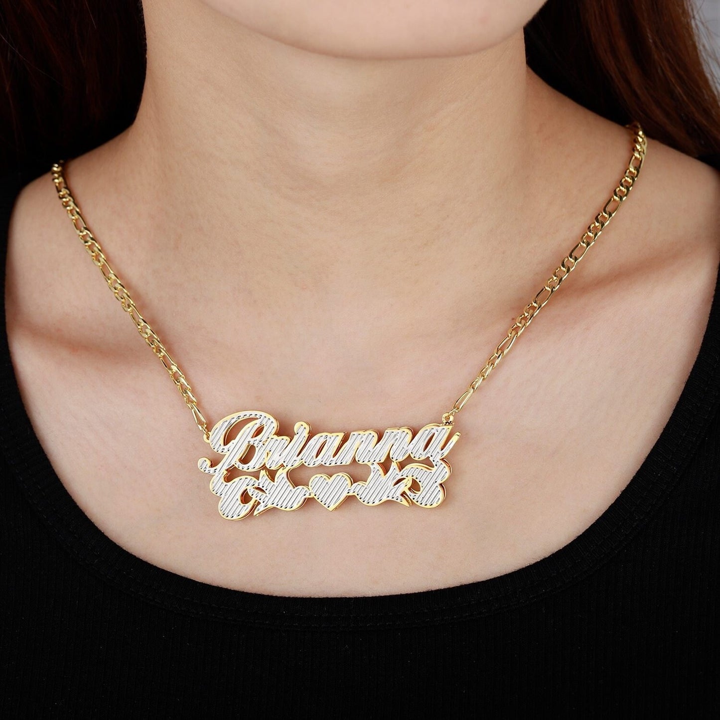 Customized Double Plate Two Tone Heart Two Birds Personalized Custom Gold Plated Name Necklace Charm Jewelry Customized Necklaces