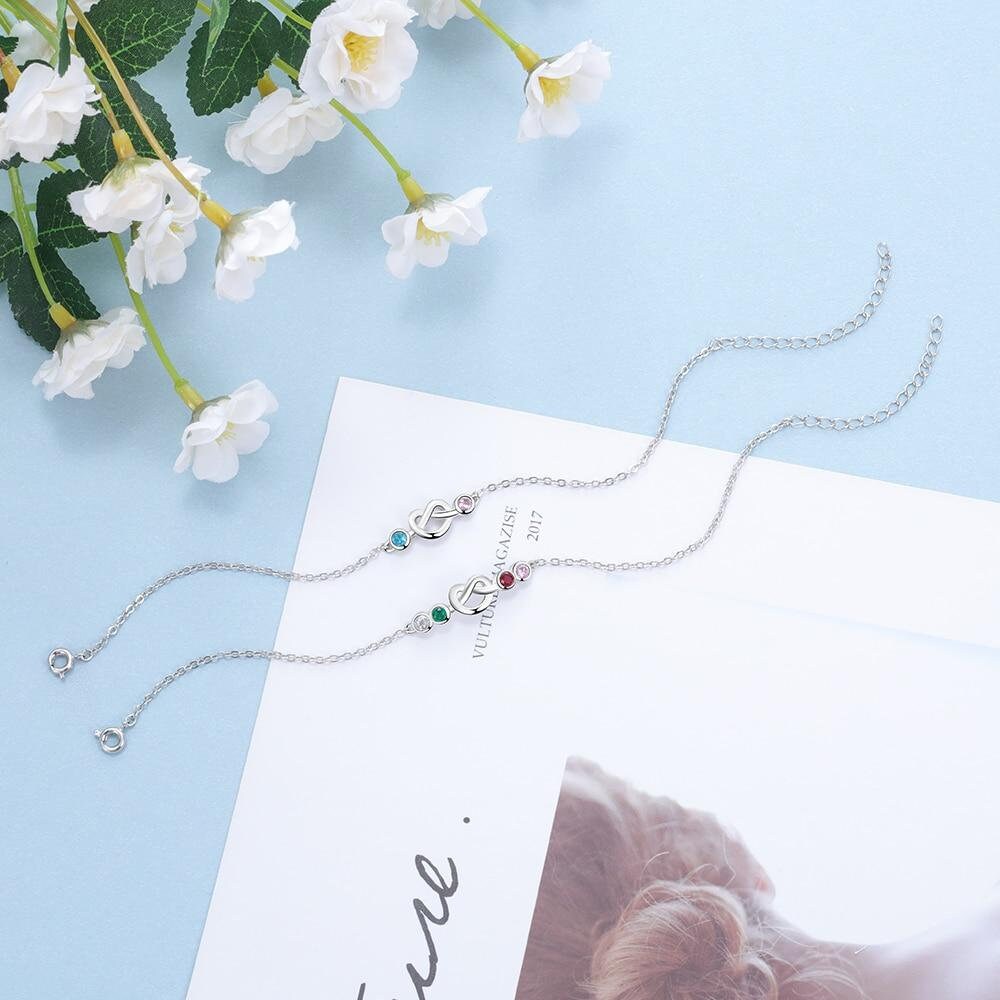 Personalized Heart Knot Bracelet with Birthstones Custom Adjustable Chain Charm Bracelets for Women Birthday Gifts Customized Bracelets
