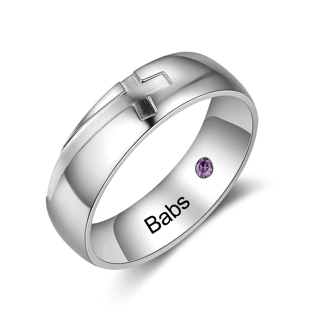 Rose Gold Steel Cross Couple Ring with Birthstone Personalized Engrave Name Rings for Women Men Wedding Gifts Customized Rings