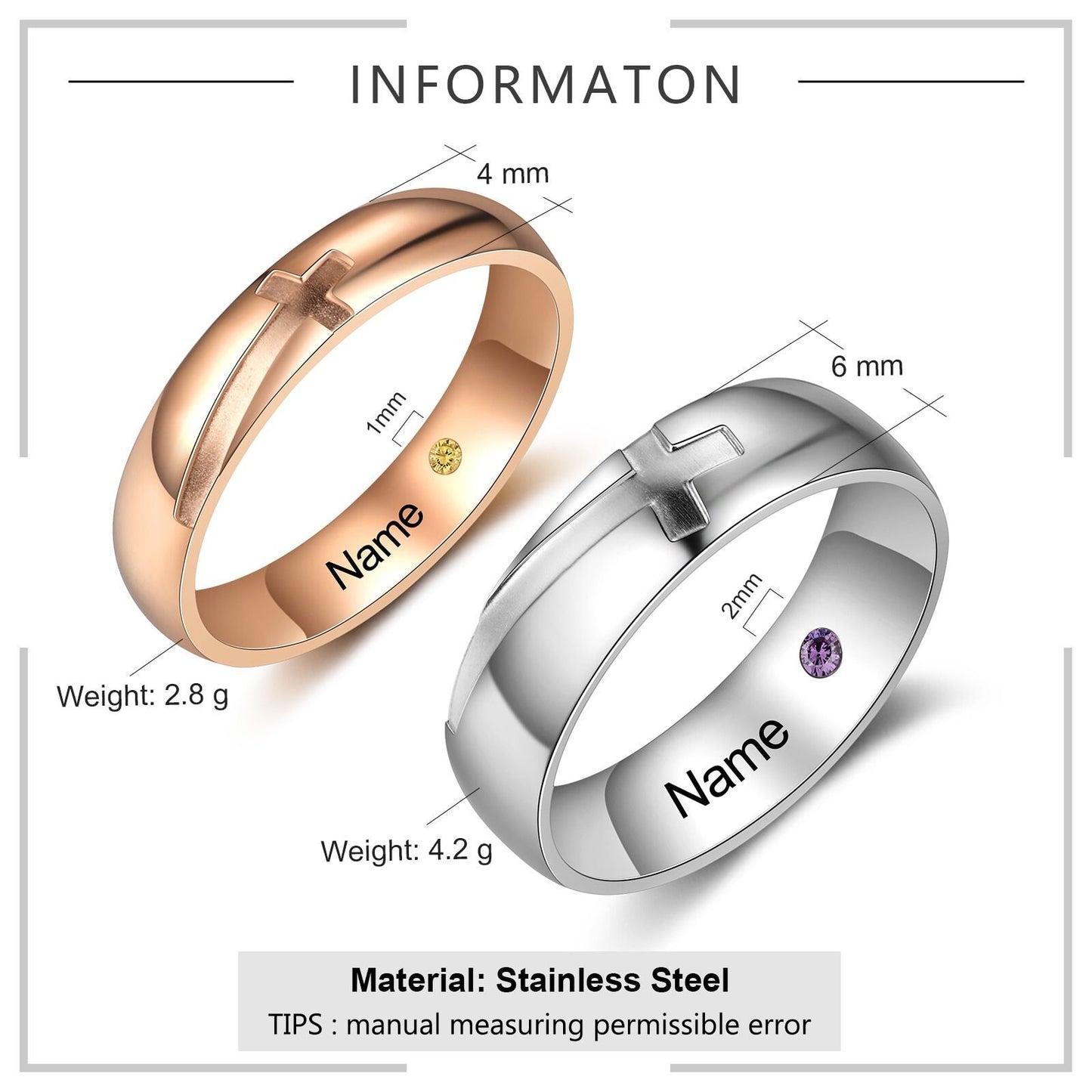 Rose Gold Steel Cross Couple Ring with Birthstone Personalized Engrave Name Rings for Women Men Wedding Gifts Customized Rings