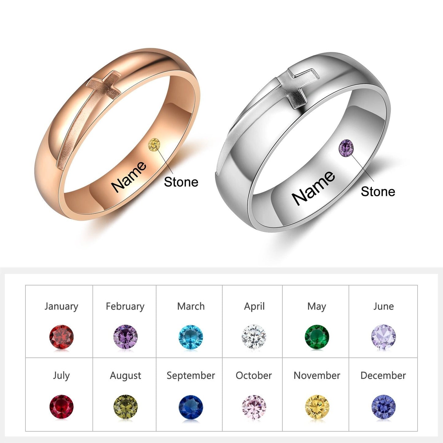 Rose Gold Steel Cross Couple Ring with Birthstone Personalized Engrave Name Rings for Women Men Wedding Gifts Customized Rings