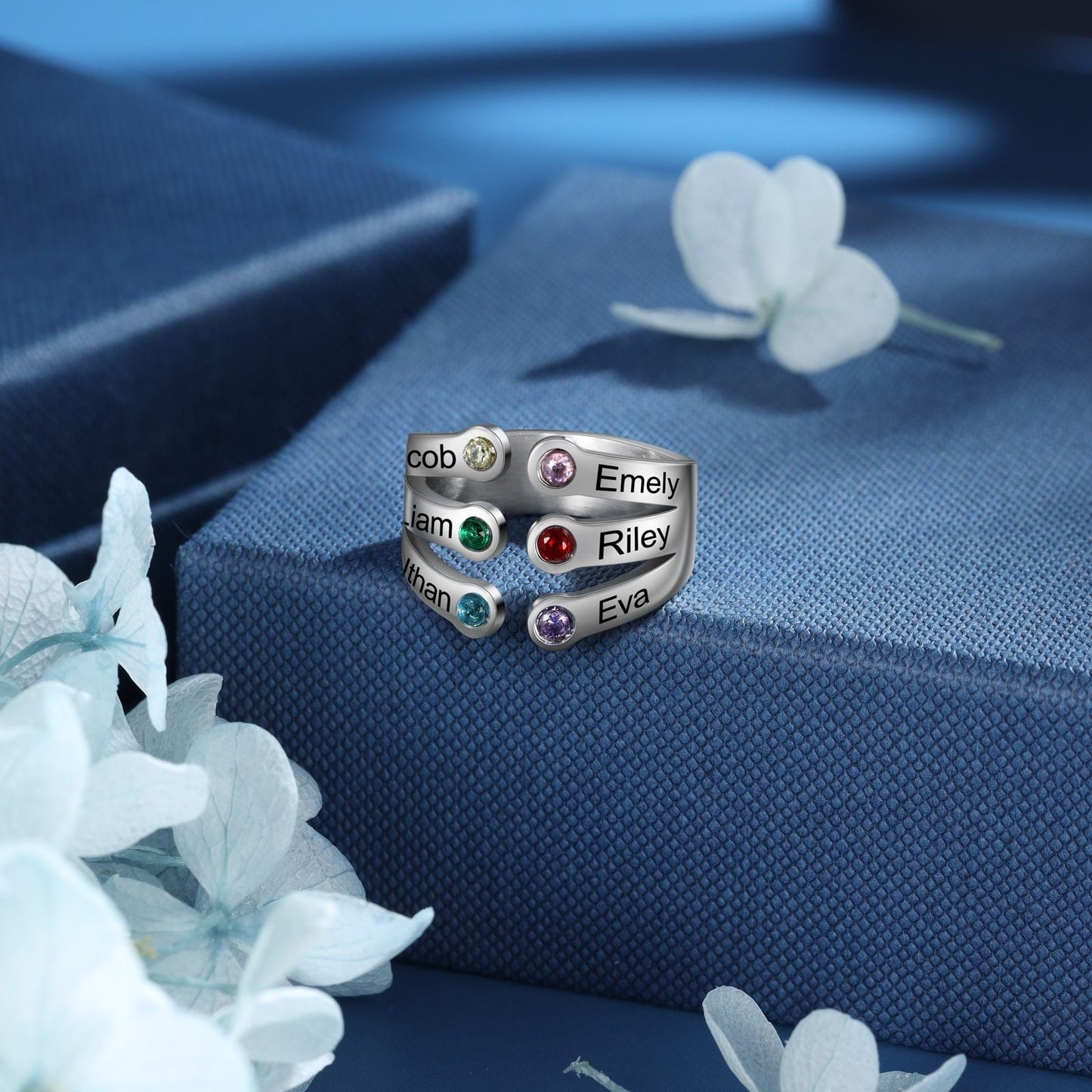 Personalized Birthstone Rings for Women Customized Engraving Mothers Open Ring Jewelry New Year Gifts for Family Customized Rings