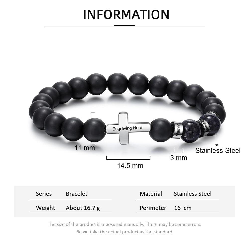 Personalized Stainless Steel Beaded Bracelets with Custom Name Cross Men Bracelets Gift for Father Grandfather Boyfriend Customized