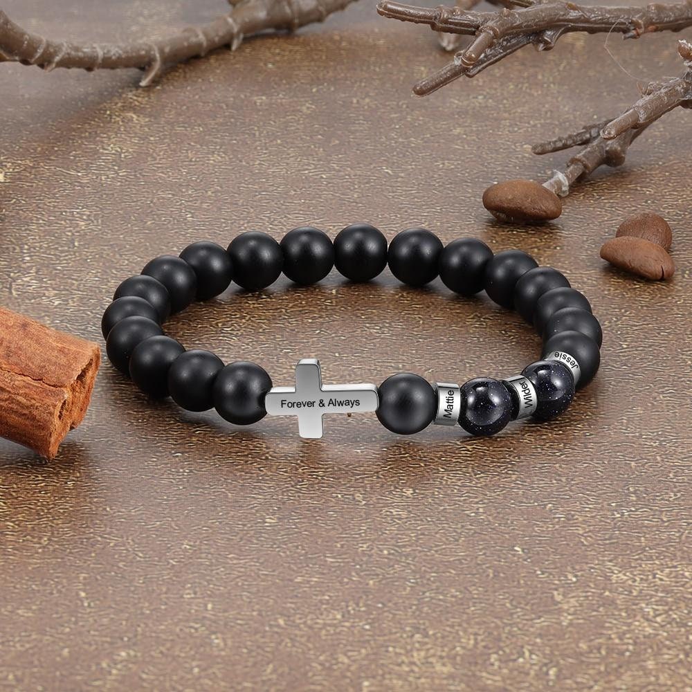 Personalized Stainless Steel Beaded Bracelets with Custom Name Cross Men Bracelets Gift for Father Grandfather Boyfriend Customized