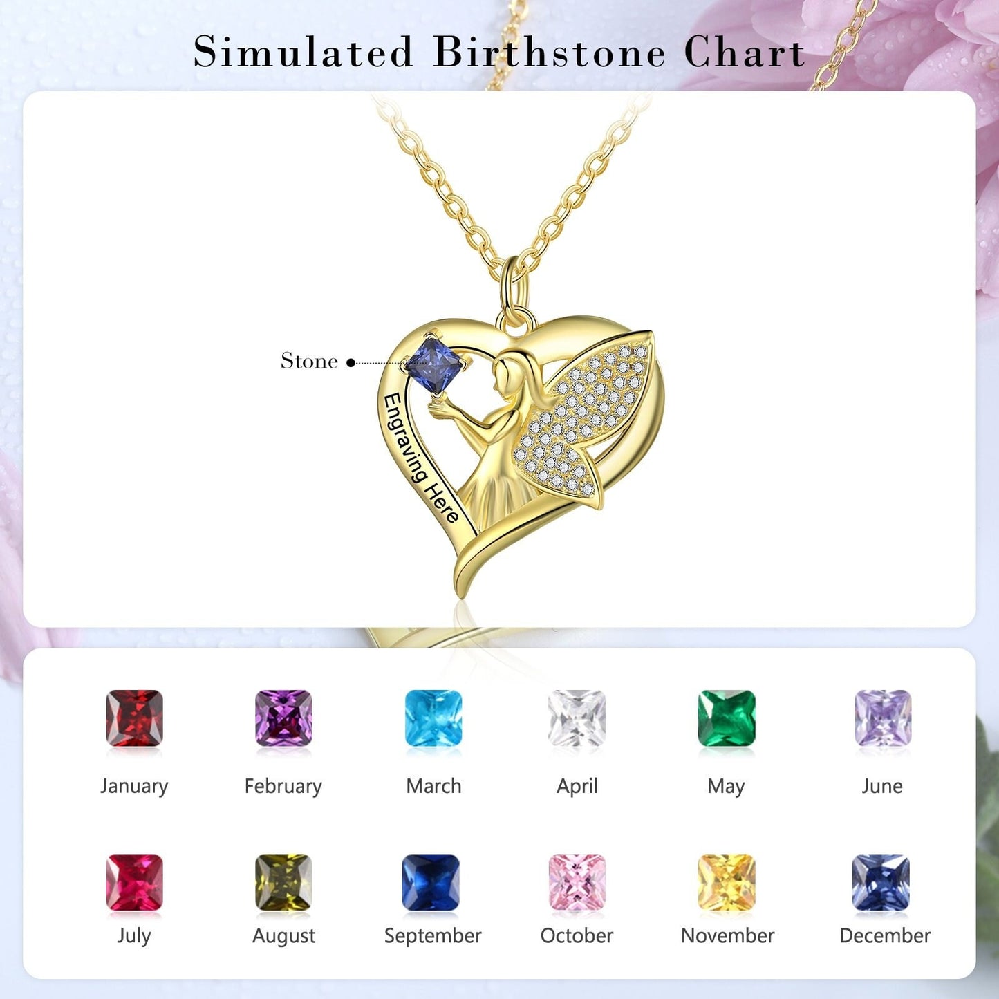 Personalized Name Engraved Necklace with Customized Birthstone Gold Wings Heart Pendant with Cubic Zirconia Jewelry Customized