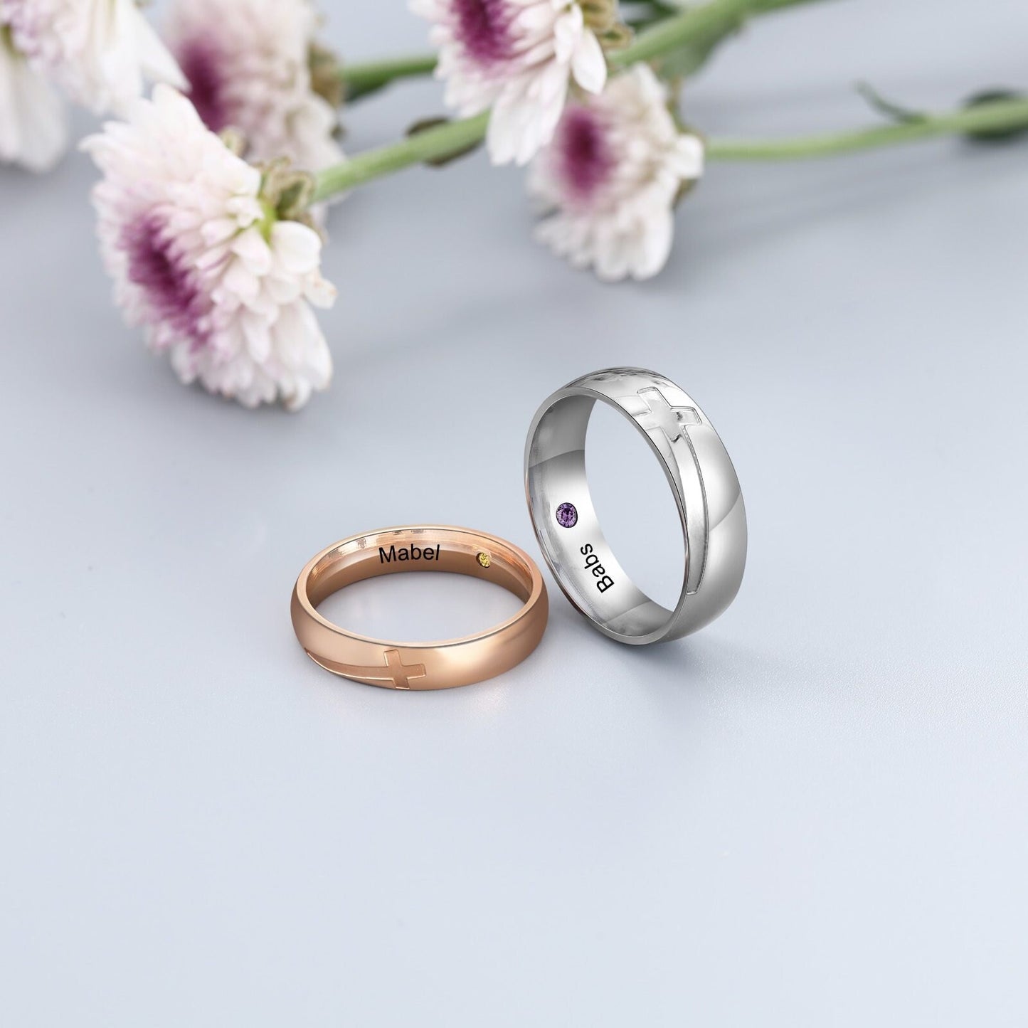 Rose Gold Steel Cross Couple Ring with Birthstone Personalized Engrave Name Rings for Women Men Wedding Gifts Customized Rings
