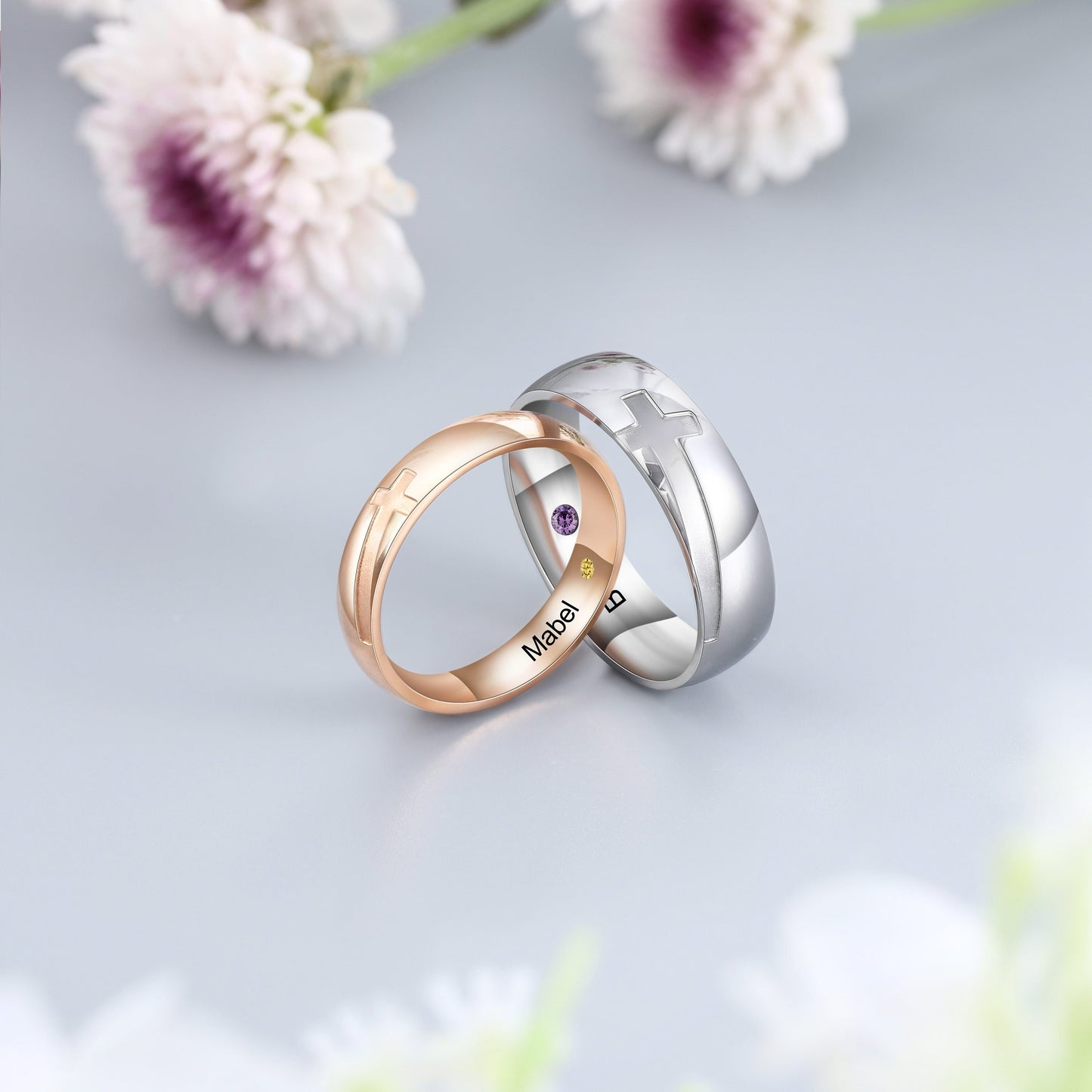 Rose Gold Steel Cross Couple Ring with Birthstone Personalized Engrave Name Rings for Women Men Wedding Gifts Customized Rings