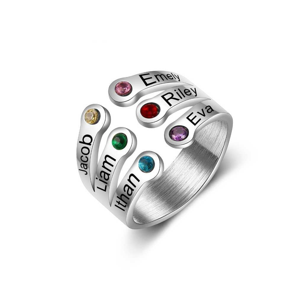 Personalized Birthstone Rings for Women Customized Engraving Mothers Open Ring Jewelry New Year Gifts for Family Customized Rings