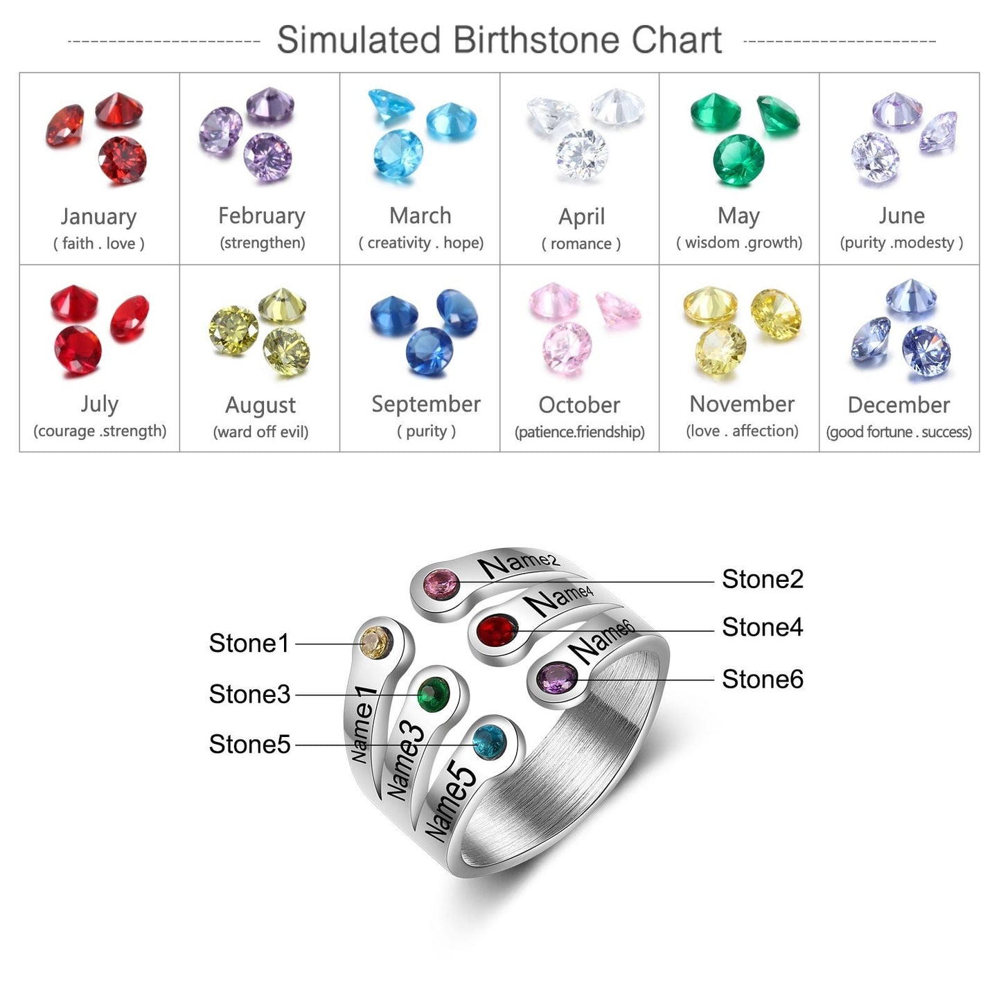 Personalized Birthstone Rings for Women Customized Engraving Mothers Open Ring Jewelry New Year Gifts for Family Customized Rings