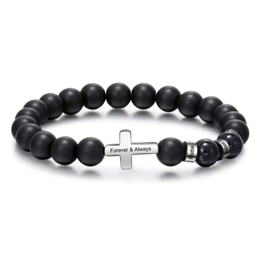 Personalized Stainless Steel Beaded Bracelets with Custom Name Cross Men Bracelets Gift for Father Grandfather Boyfriend Customized