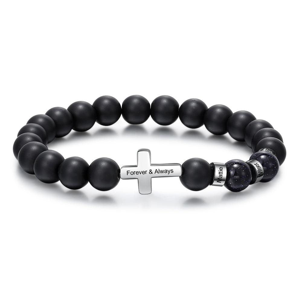 Personalized Stainless Steel Beaded Bracelets with Custom Name Cross Men Bracelets Gift for Father Grandfather Boyfriend Customized