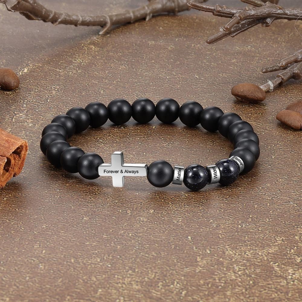 Personalized Stainless Steel Beaded Bracelets with Custom Name Cross Men Bracelets Gift for Father Grandfather Boyfriend Customized