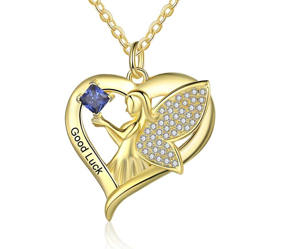 Personalized Name Engraved Necklace with Customized Birthstone Gold Wings Heart Pendant with Cubic Zirconia Jewelry Customized