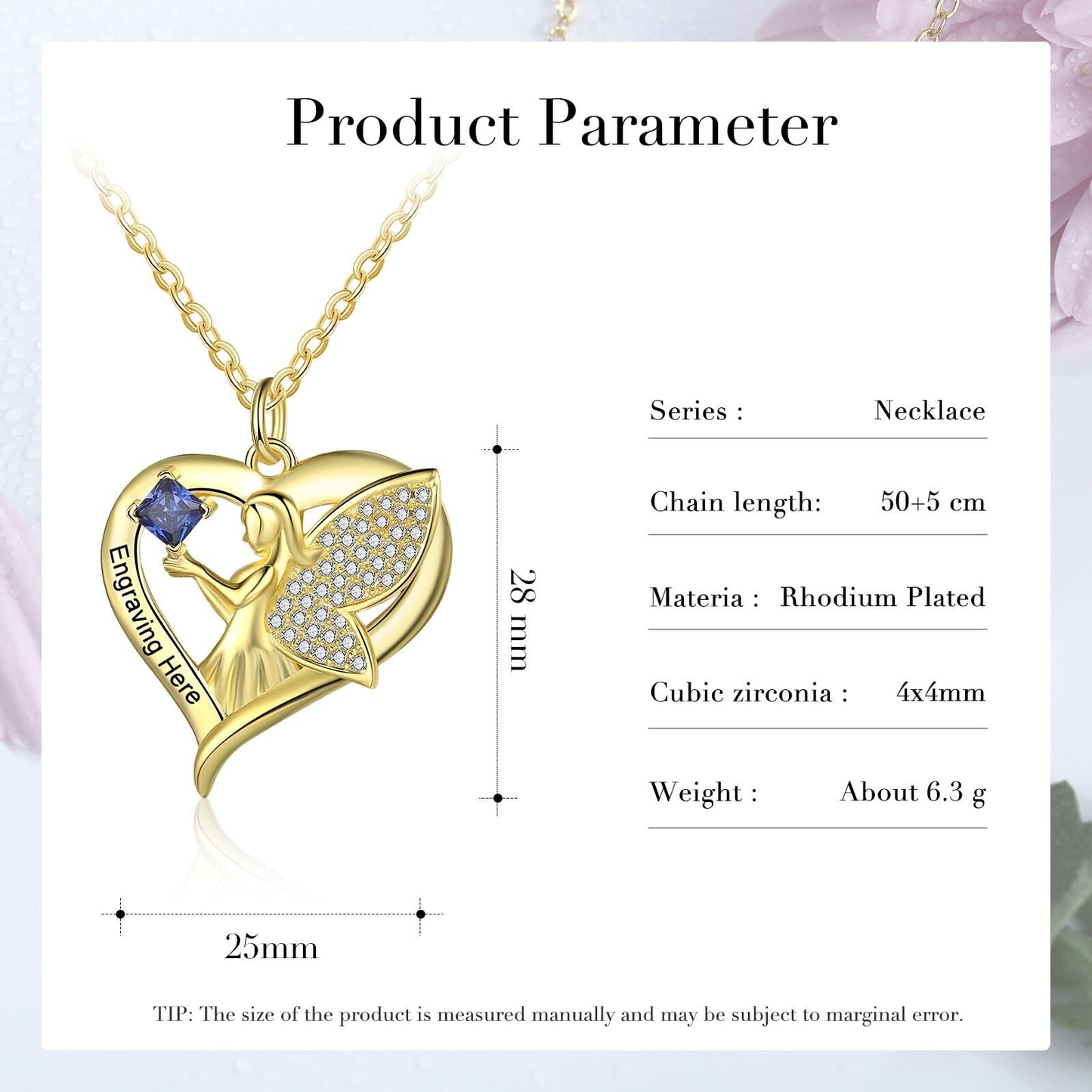 Personalized Name Engraved Necklace with Customized Birthstone Gold Wings Heart Pendant with Cubic Zirconia Jewelry Customized