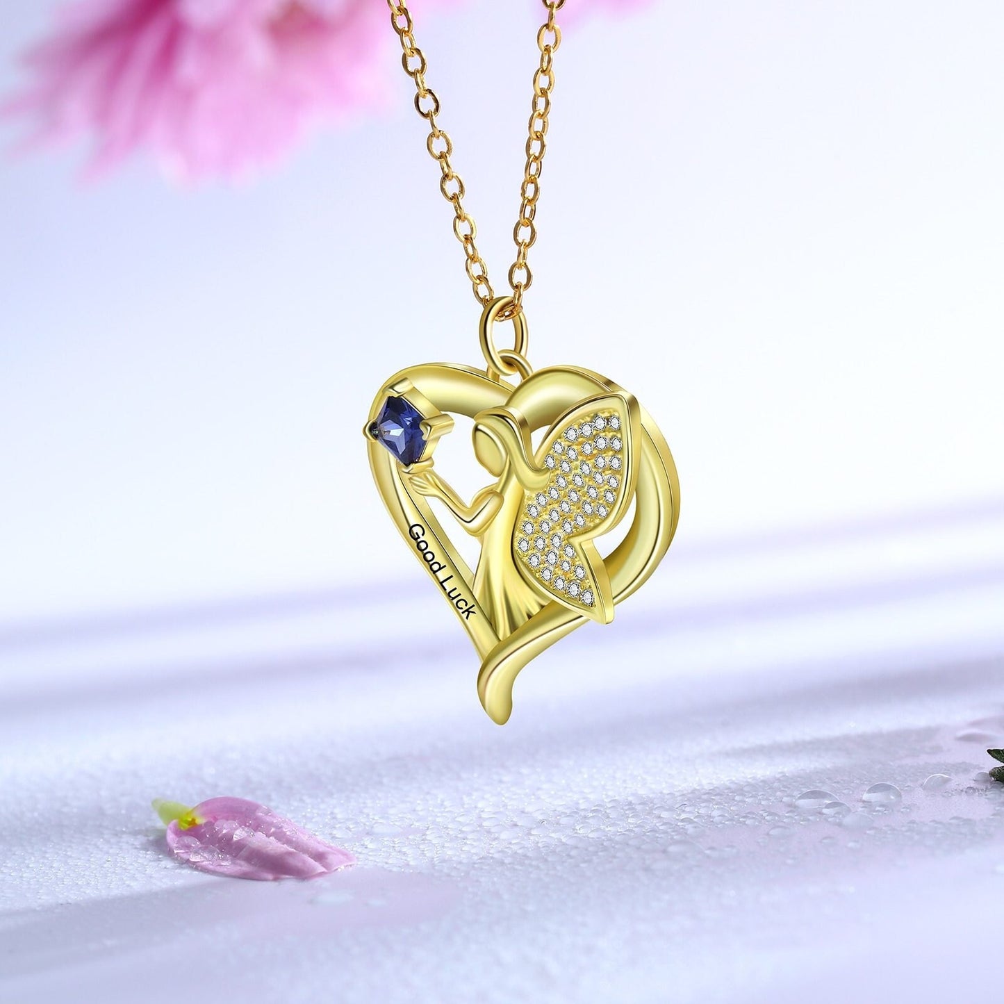 Personalized Name Engraved Necklace with Customized Birthstone Gold Wings Heart Pendant with Cubic Zirconia Jewelry Customized