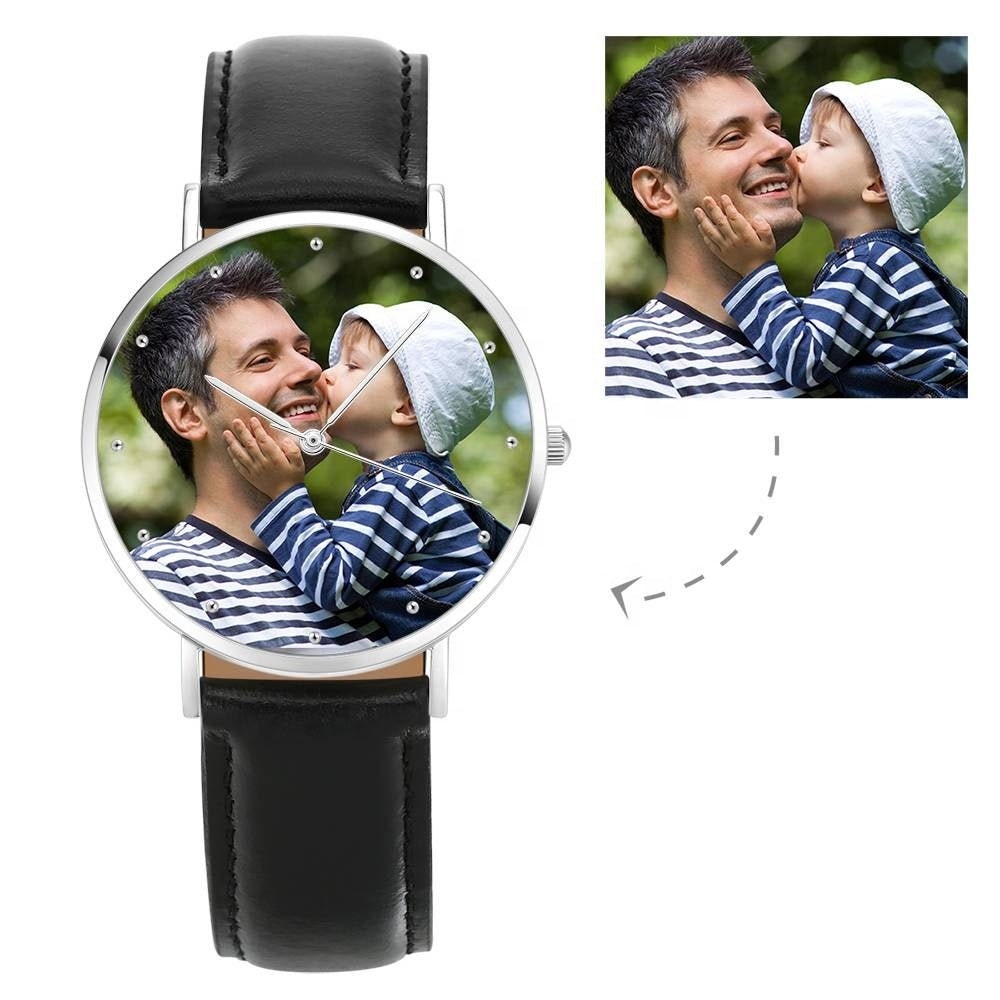 Personalized Engraved Photo Watch For Men Hand Watch Custom Logo Watch With Black Leather Strap Father's Day Gift