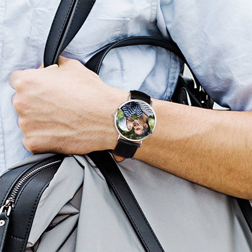 Personalized Engraved Photo Watch For Men Hand Watch Custom Logo Watch With Black Leather Strap Father's Day Gift