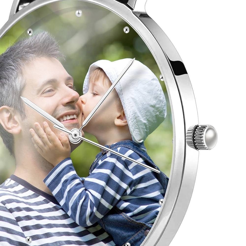 Personalized Engraved Photo Watch For Men Hand Watch Custom Logo Watch With Black Leather Strap Father's Day Gift