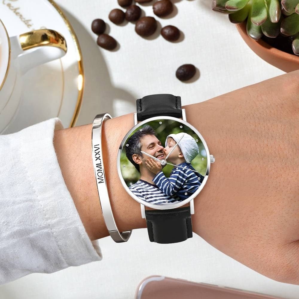 Personalized Engraved Photo Watch For Men Hand Watch Custom Logo Watch With Black Leather Strap Father's Day Gift