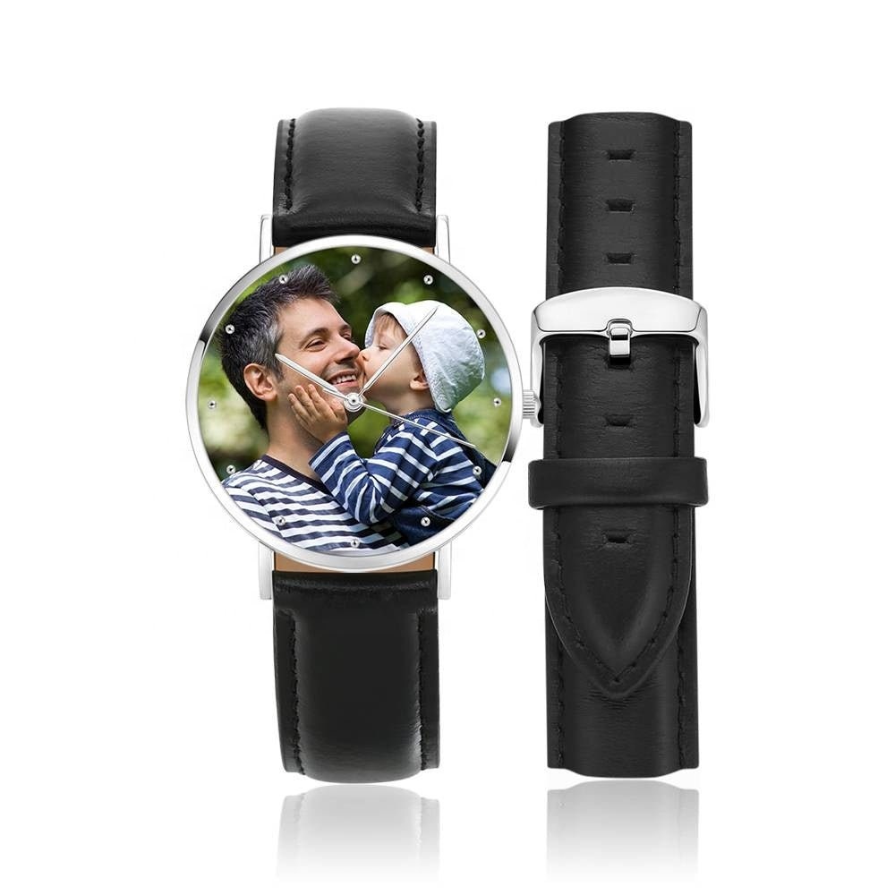 Personalized Engraved Photo Watch For Men Hand Watch Custom Logo Watch With Black Leather Strap Father's Day Gift