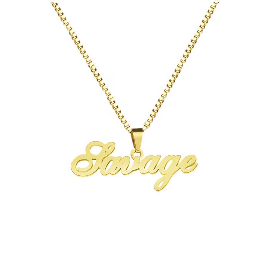 Custom Names Necklaces Box Chain Stainless Steel 18K Gold Plated Name Plate Necklace Custom Jewelry Old English Name Plate