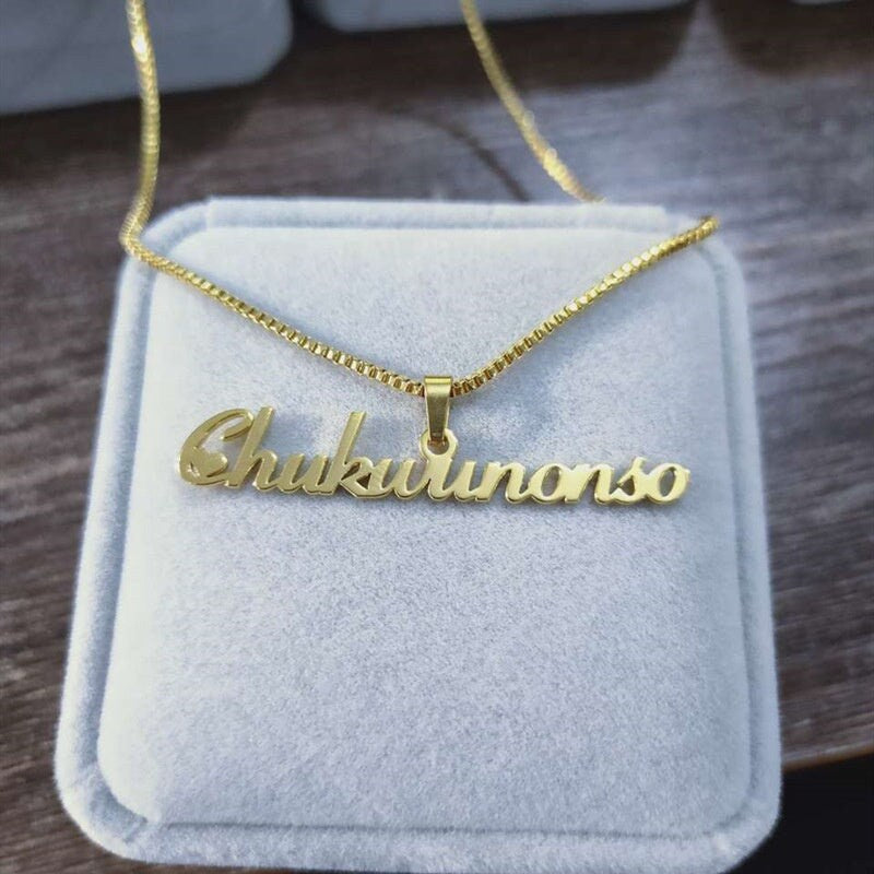 Custom Names Necklaces Box Chain Stainless Steel 18K Gold Plated Name Plate Necklace Custom Jewelry Old English Name Plate