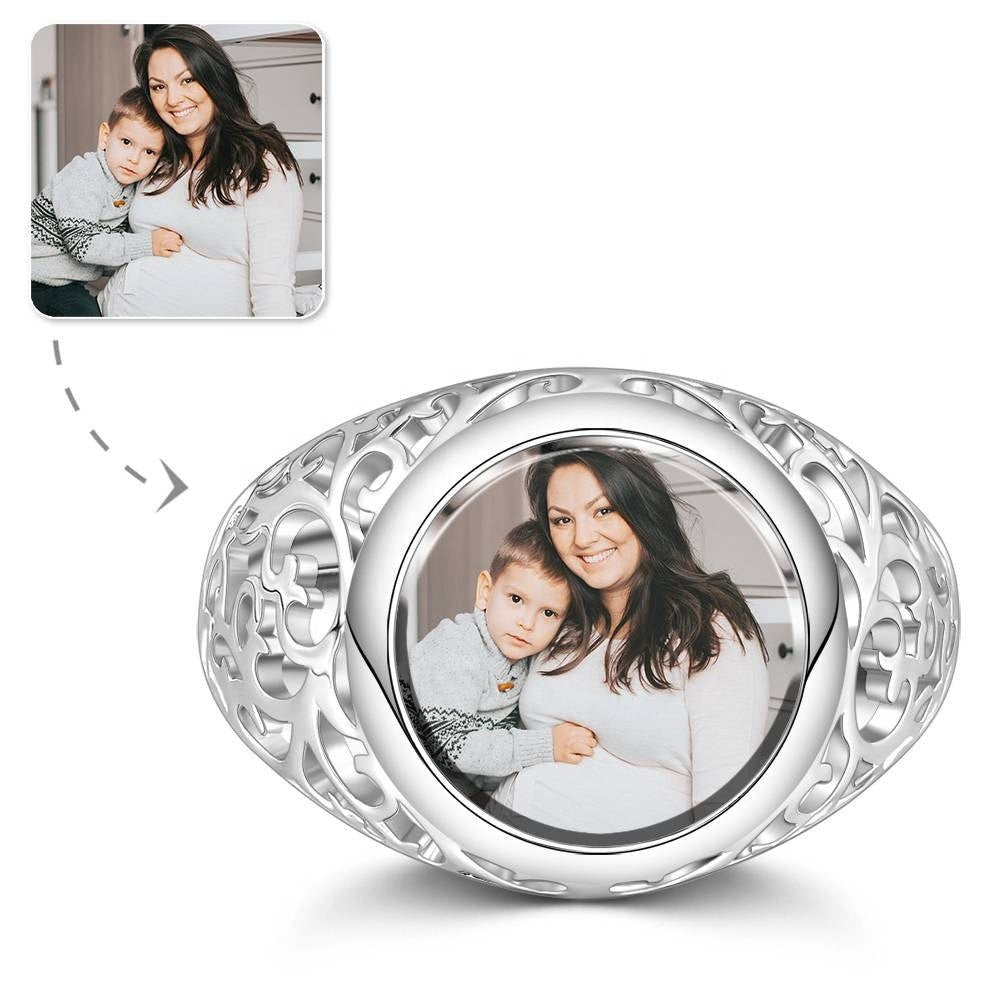 Personalized Engraved Photo Ring Custom Picture Ring Mother's Gift Round Shaped Silver Custom Copper Photo Ring Memorial Jewelry Ring