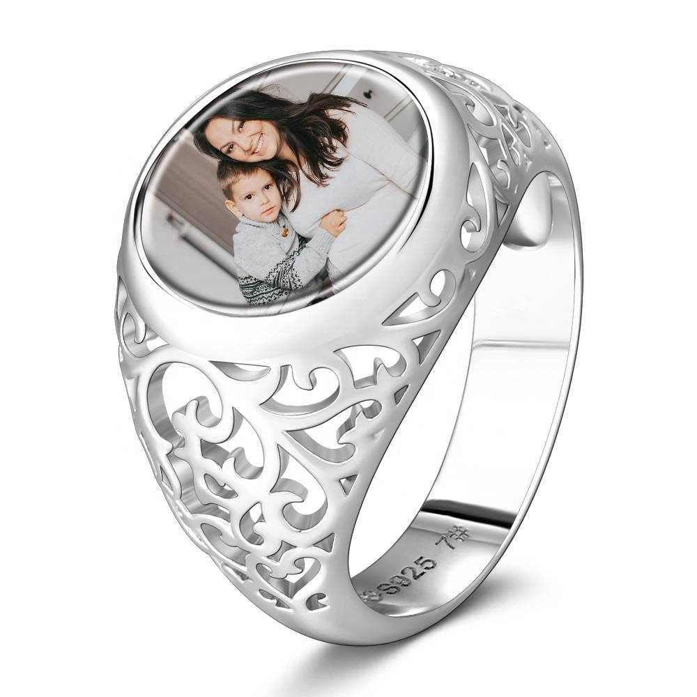 Personalized Engraved Photo Ring Custom Picture Ring Mother's Gift Round Shaped Silver Custom Copper Photo Ring Memorial Jewelry Ring