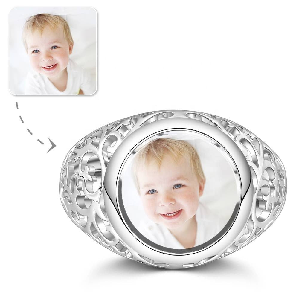 Personalized Engraved Photo Ring Custom Picture Ring Mother's Gift Round Shaped Silver Custom Copper Photo Ring Memorial Jewelry Ring