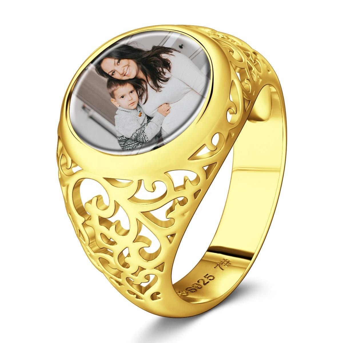 Personalized Engraved Photo Ring Custom Picture Ring Mother's Gift Round Shaped Silver Custom Copper Photo Ring Memorial Jewelry Ring