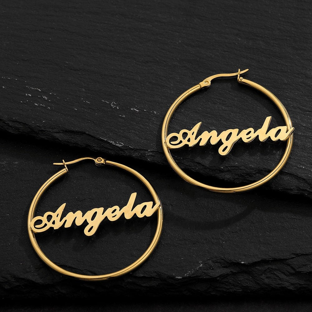 Personalized Gold Stainless Steel Name Letter Earrings Trendy Big Ear Ring English Letter Name Hoop Earring Personalized Name Earrings Gift