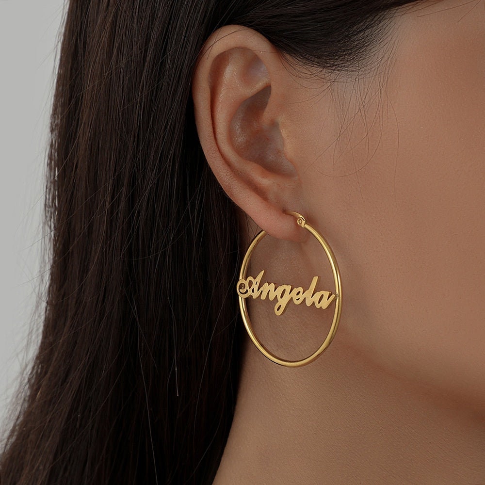 Personalized Gold Stainless Steel Name Letter Earrings Trendy Big Ear Ring English Letter Name Hoop Earring Personalized Name Earrings Gift