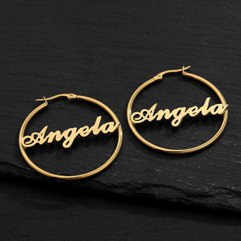 Personalized Gold Stainless Steel Name Letter Earrings Trendy Big Ear Ring English Letter Name Hoop Earring Personalized Name Earrings Gift