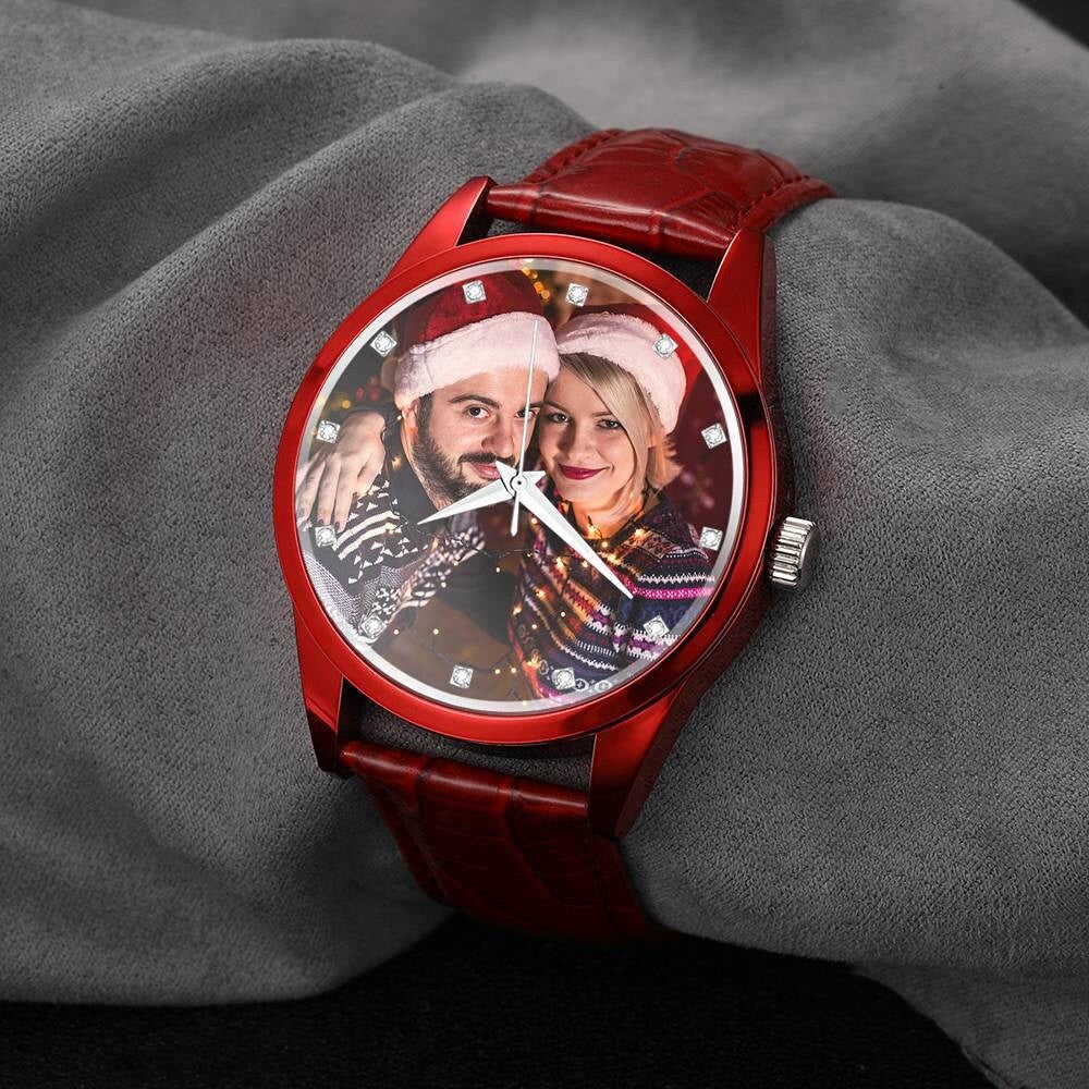Personalized Engraved Red Leather Strap Watches Men Wrist Watch With Custom Logo Couple Watch Photo Gift Photo Watch For Men