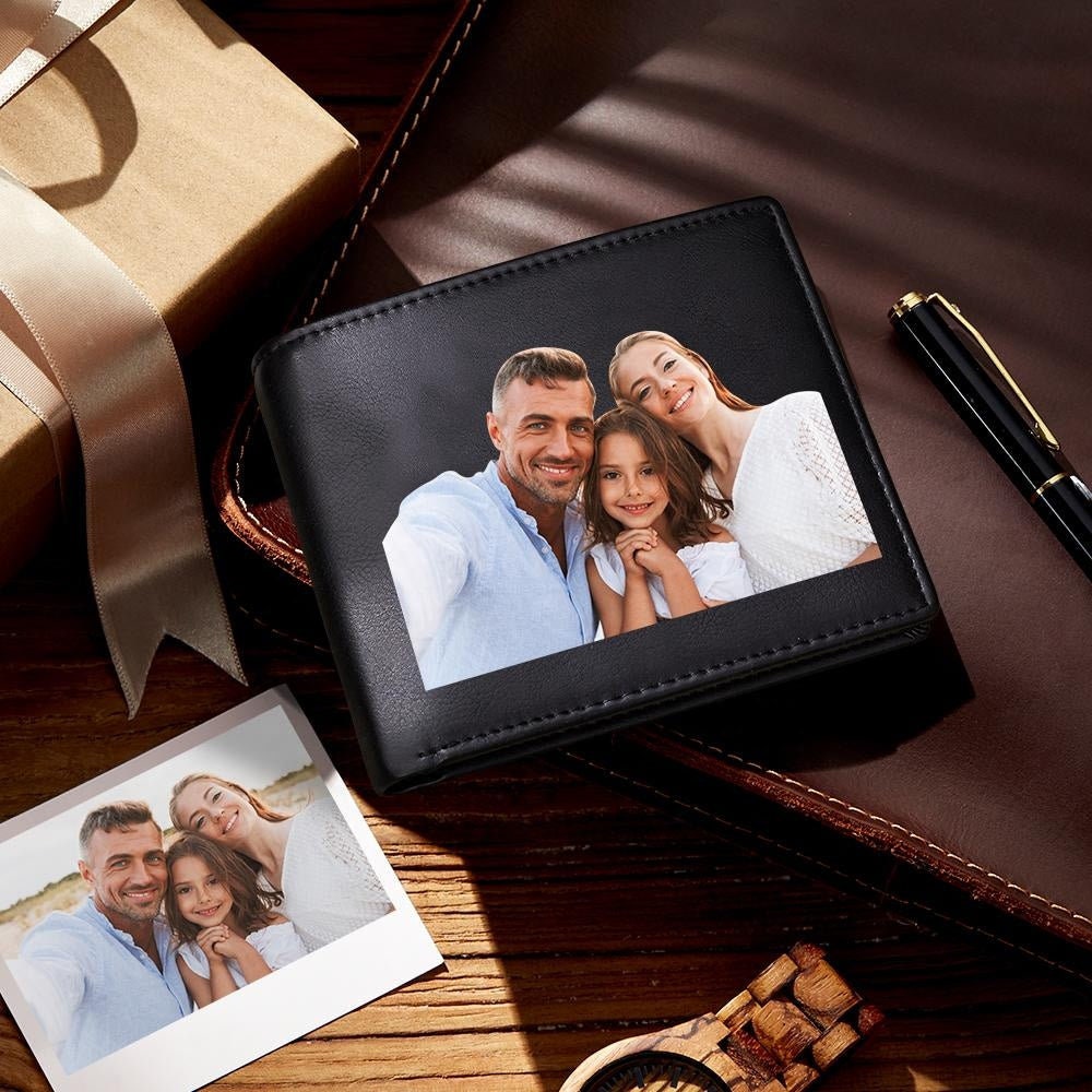 Personalized Black Men's Wallets Slim Genuine Leather Anti Theft Brush RFID Protected Custom Printed Wallet Gift for Dad Boyfriend Husband