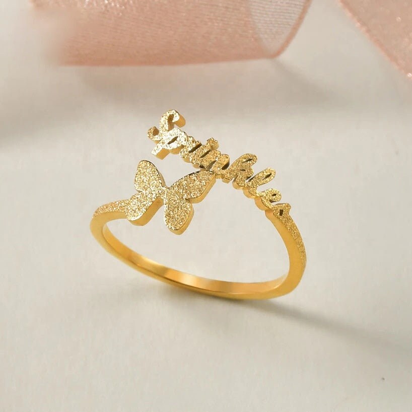 Custom Name Butterfly Ring Adjustable Rings Stainless Steel Personal Bling Rings Jewelry Personalized Name Ring with Butterfly