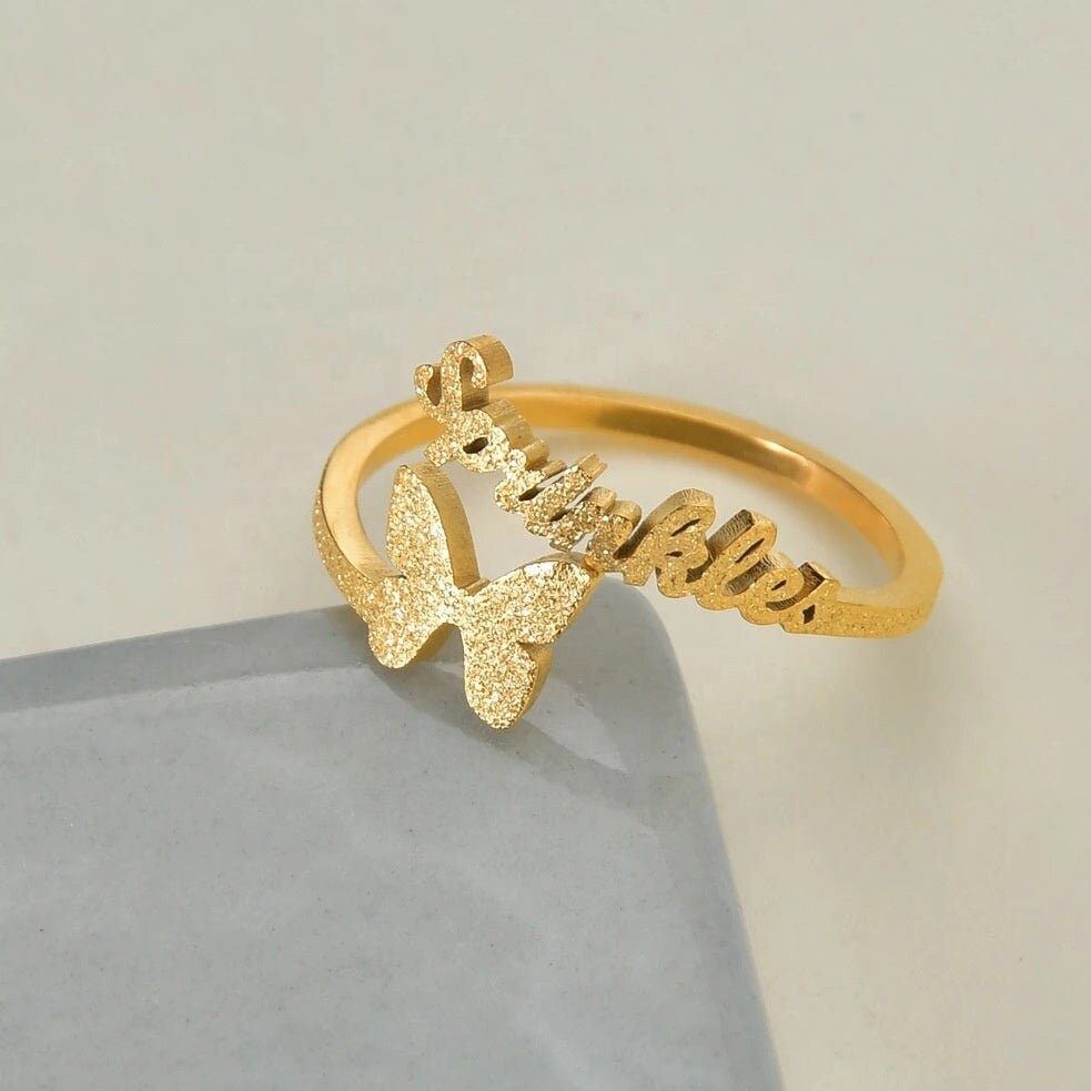 Custom Name Butterfly Ring Adjustable Rings Stainless Steel Personal Bling Rings Jewelry Personalized Name Ring with Butterfly