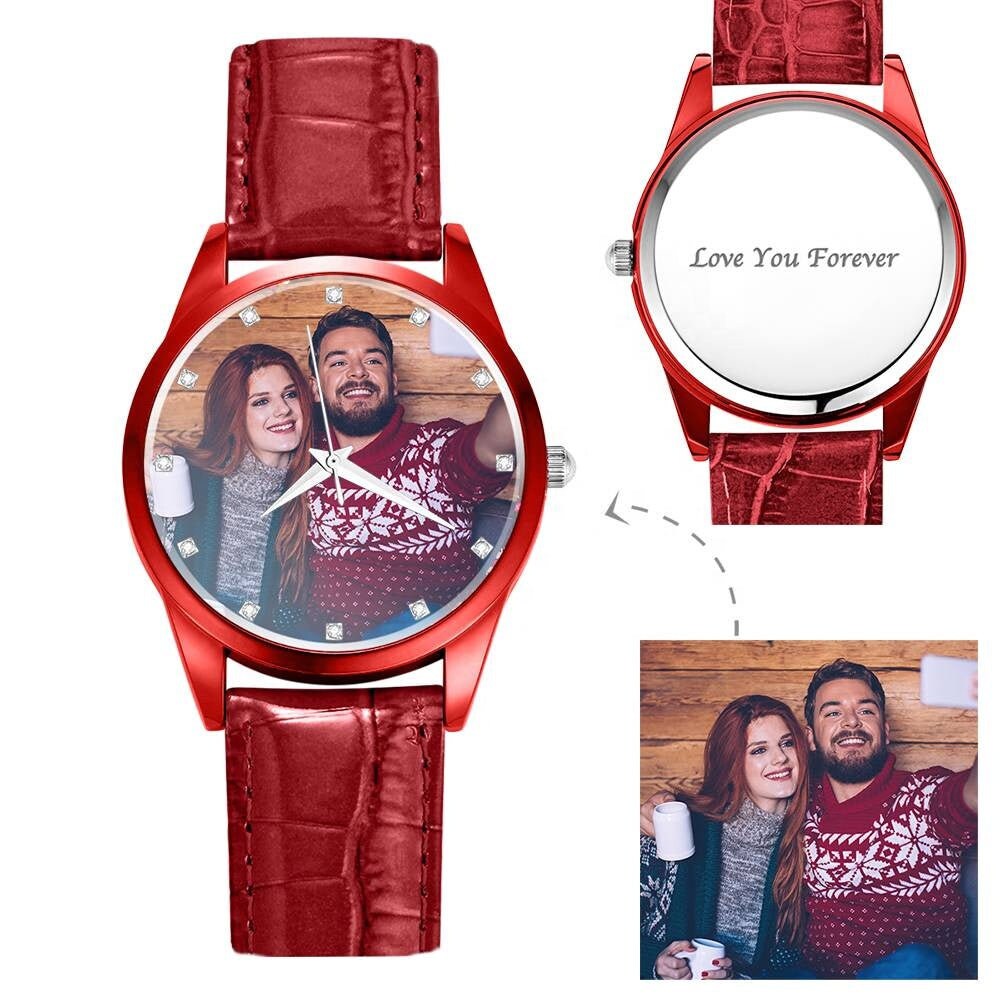 Personalized Engraved Red Leather Strap Watches Men Wrist Watch With Custom Logo Couple Watch Photo Gift Photo Watch For Men