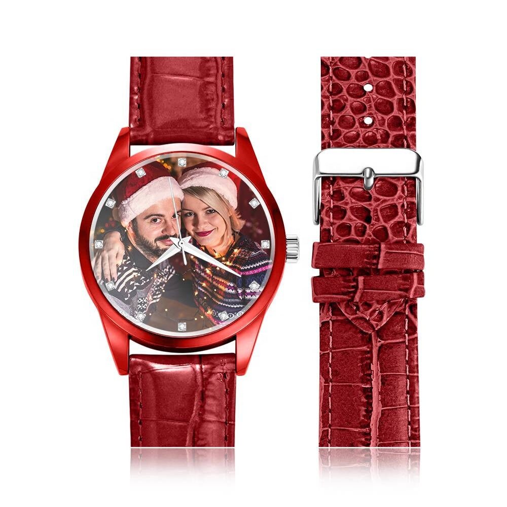 Personalized Engraved Red Leather Strap Watches Men Wrist Watch With Custom Logo Couple Watch Photo Gift Photo Watch For Men