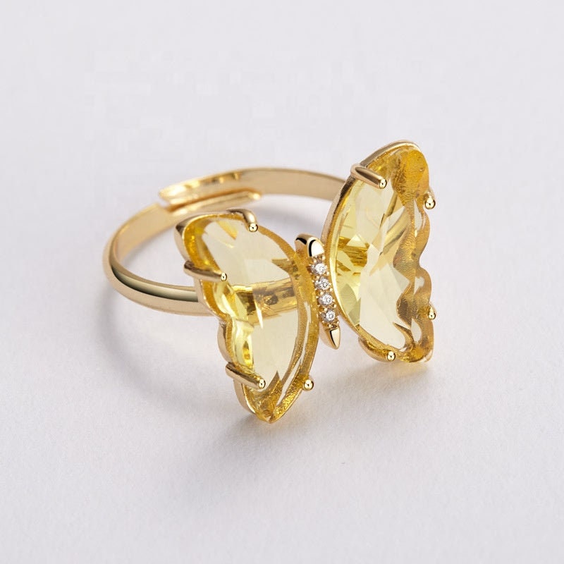 Gemstones Butterfly Adjustable Knuckle Ring Opening Resizable Ring Jewelry Women Gold Plated Copper Crystal Glass Butterfly Ring For Women