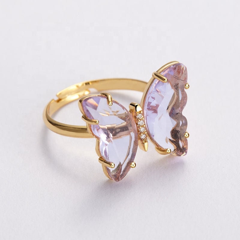 Gemstones Butterfly Adjustable Knuckle Ring Opening Resizable Ring Jewelry Women Gold Plated Copper Crystal Glass Butterfly Ring For Women