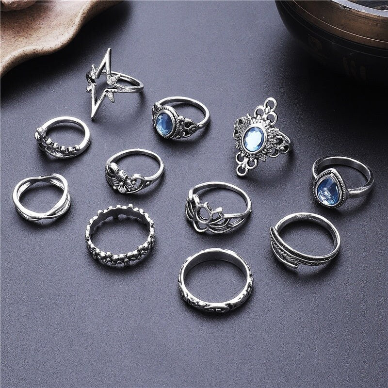 Leaf Gemstones Cross Geometric Shaped Rings Set Vintage Gemstone Geometric Flower Leaf Vintage Ring Set For Women Stackable Rings Set Multi